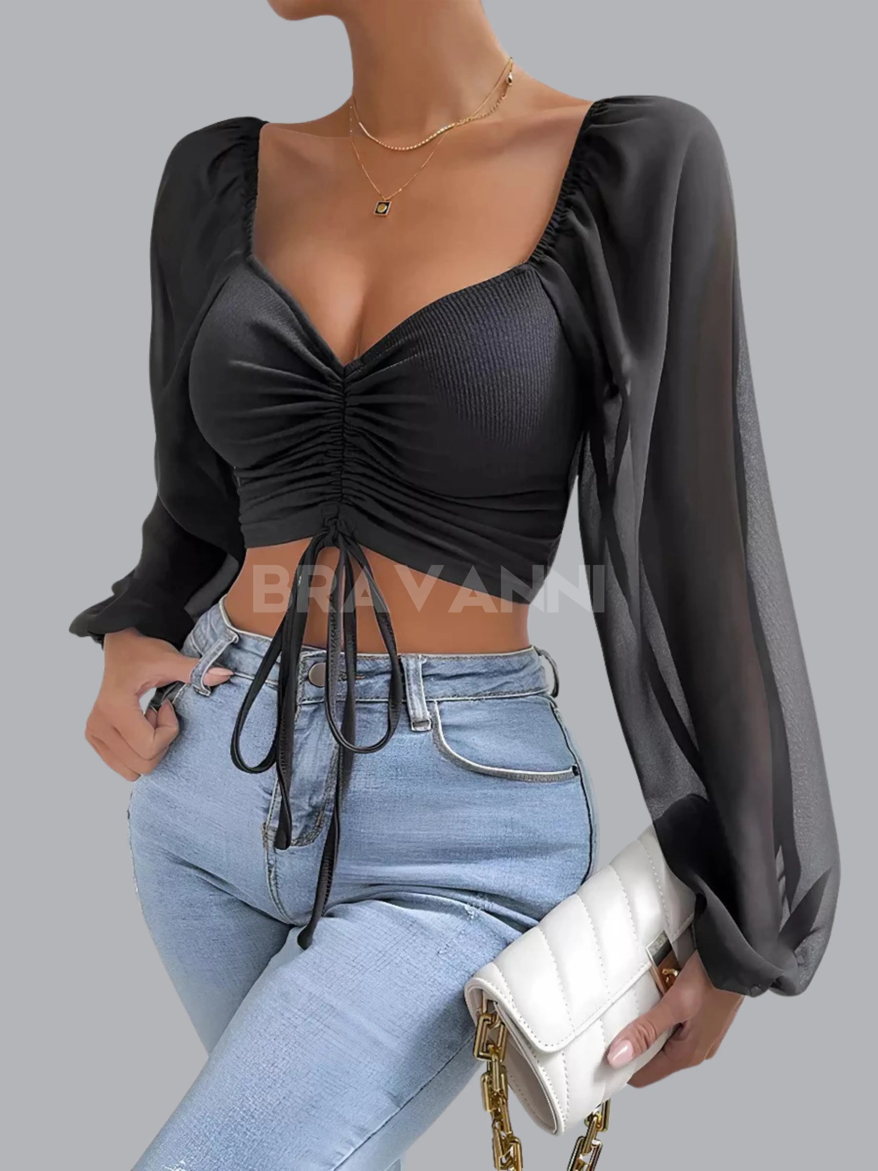 Cropped de Malha com Mangas Lanterna e Amarração - GlowSpark