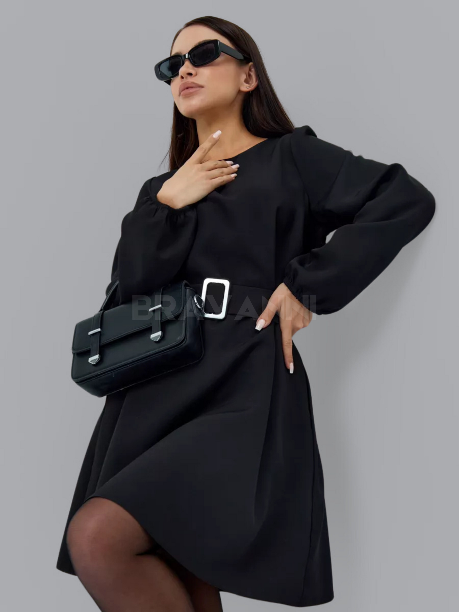 Vestido Midi A-Line com Cintura Alta e Franzidos - FlowRise