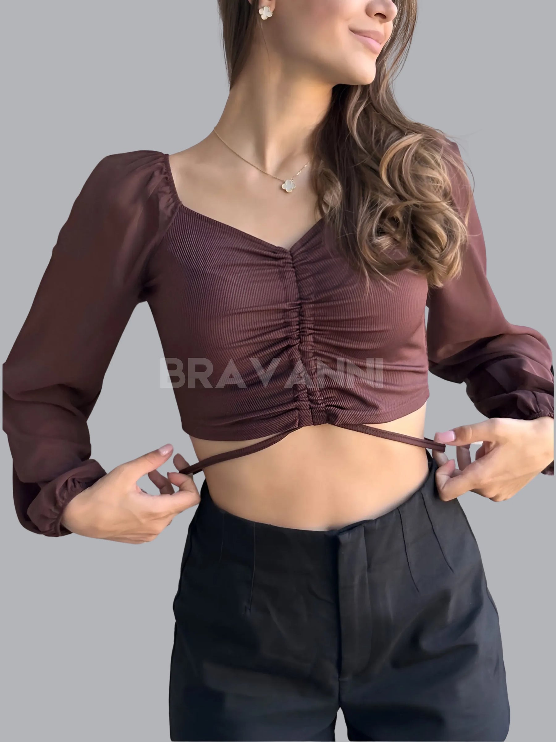 Cropped de Malha com Mangas Lanterna e Amarração - GlowSpark