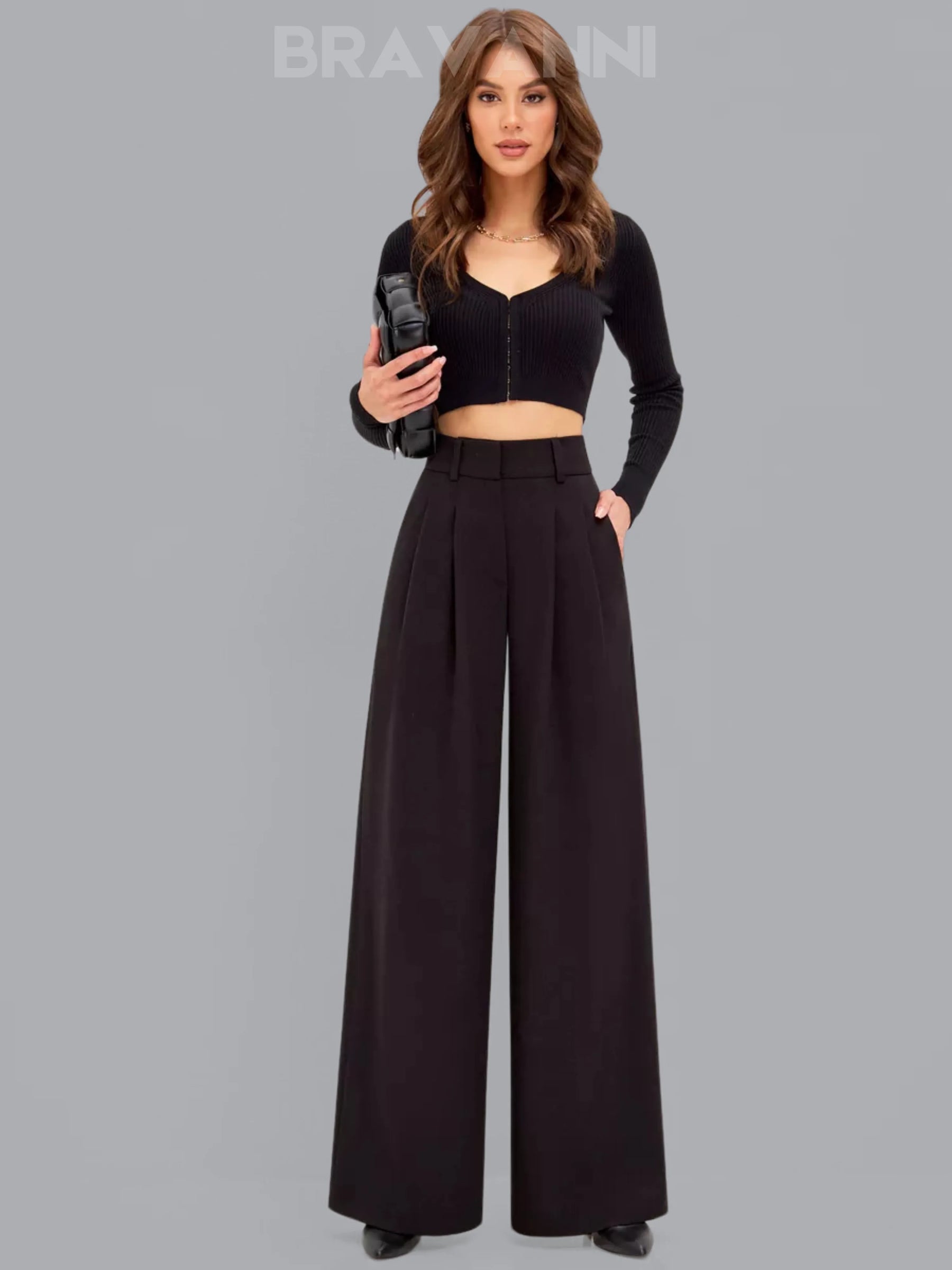 Calça Palazzo de Cintura Alta com Pregas Duplas - FlowGrace