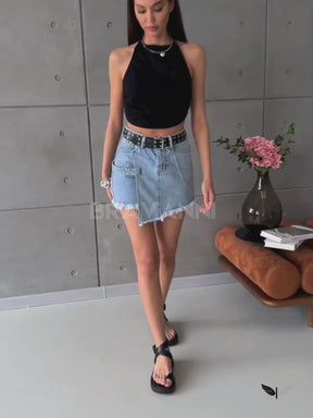 Saia-Shorts Jeans com Cintura Alta  - TrendVibe