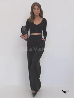 Calça Palazzo de Cintura Alta com Pregas Duplas - FlowGrace